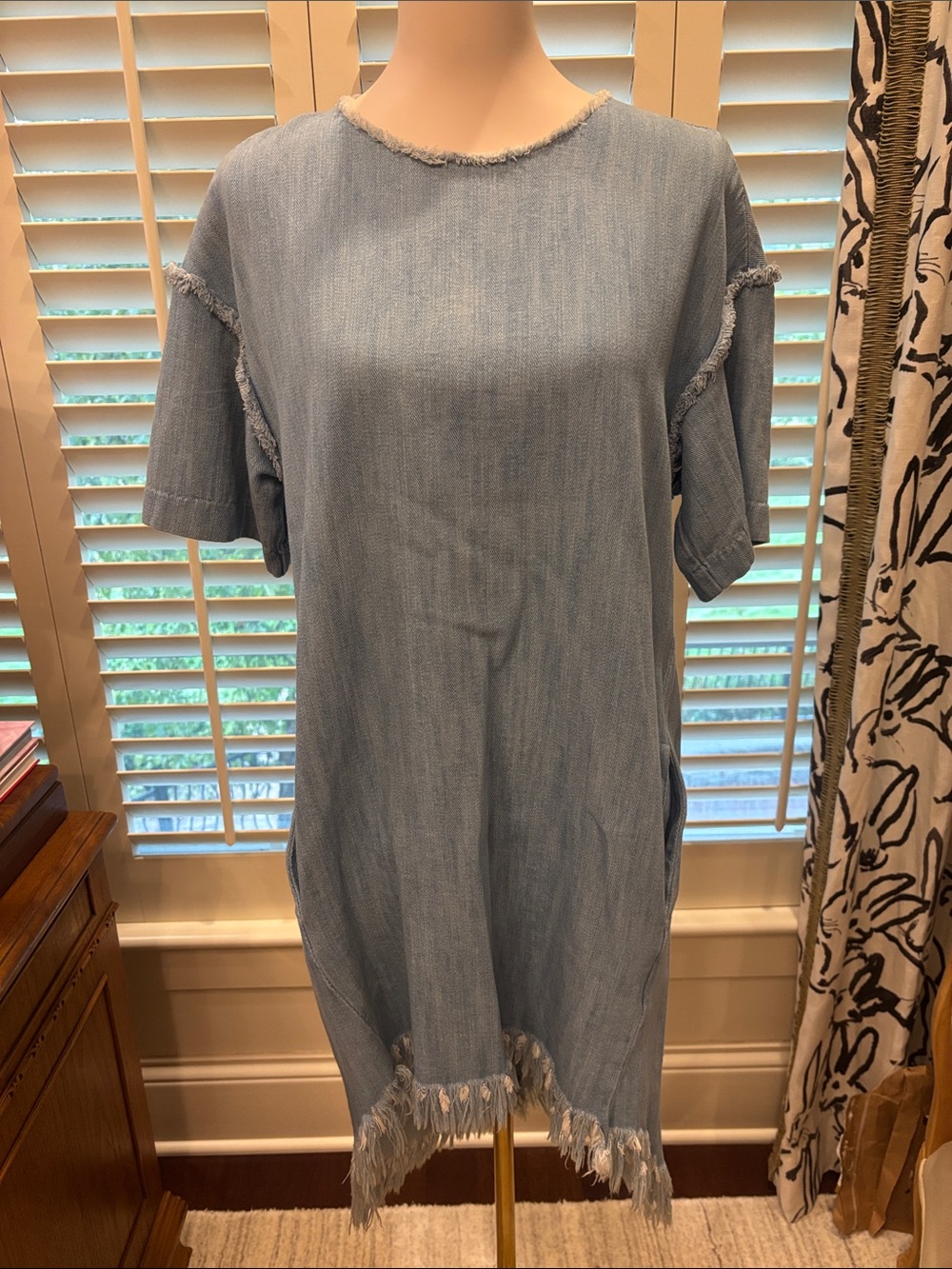 Zara Light Blue Denim-Style Frayed Shift Dress